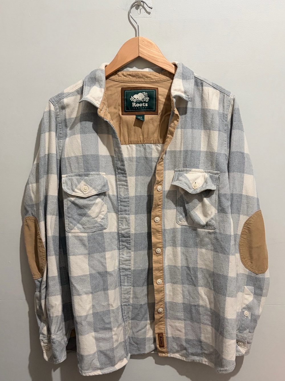 Roots Canada Grey Buffalo Plaid Flannel Top Suede Patch Cabin Core M